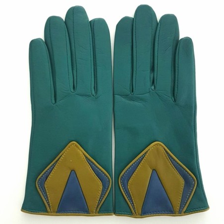 Gants en Cuir d'Agneau Vert Natier Luciole Origami Doublés Soie.