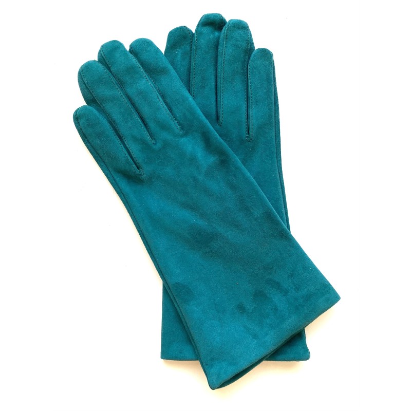 Gant en Cuir Chèvre Velours Vert Amande Coline Bis Doublés en Soie.