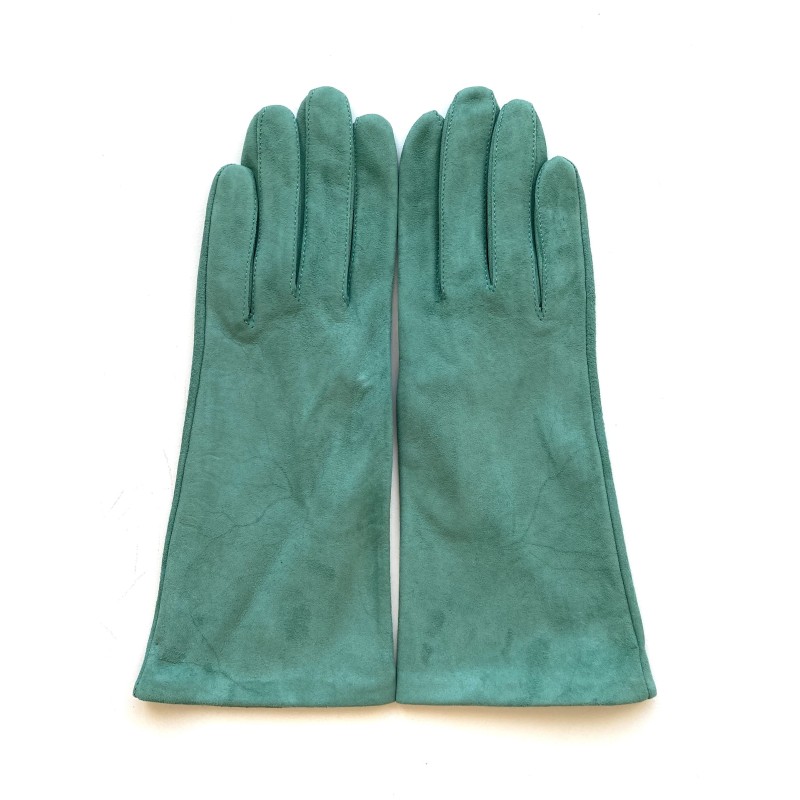 Gant en Cuir Chèvre Velours Vert Emeraude Coline Bis Doublés en Soie.