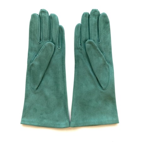Gant en Cuir Chèvre Velours Vert Emeraude Coline Bis Doublés en Soie.