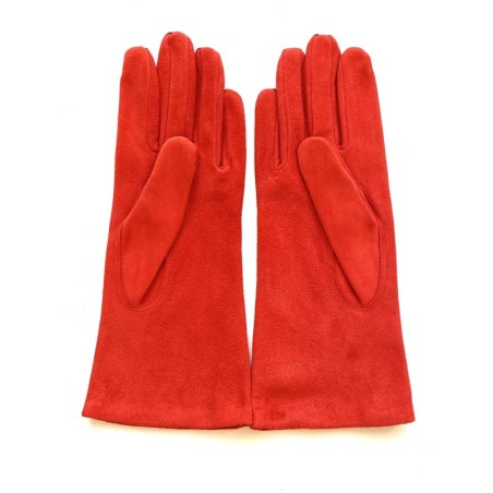 Gant en Cuir Chèvre Velours Rouge Vif Coline Bis Doublés Soie.