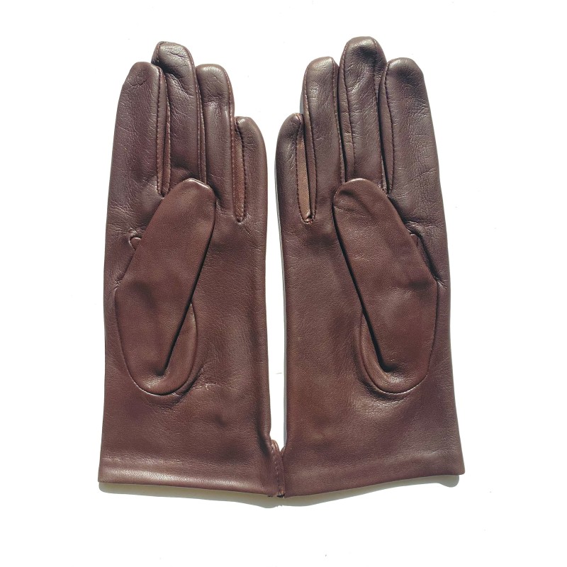 Gants en Cuir d'Agneau Marron Noir Clémentine Doublés Soie.