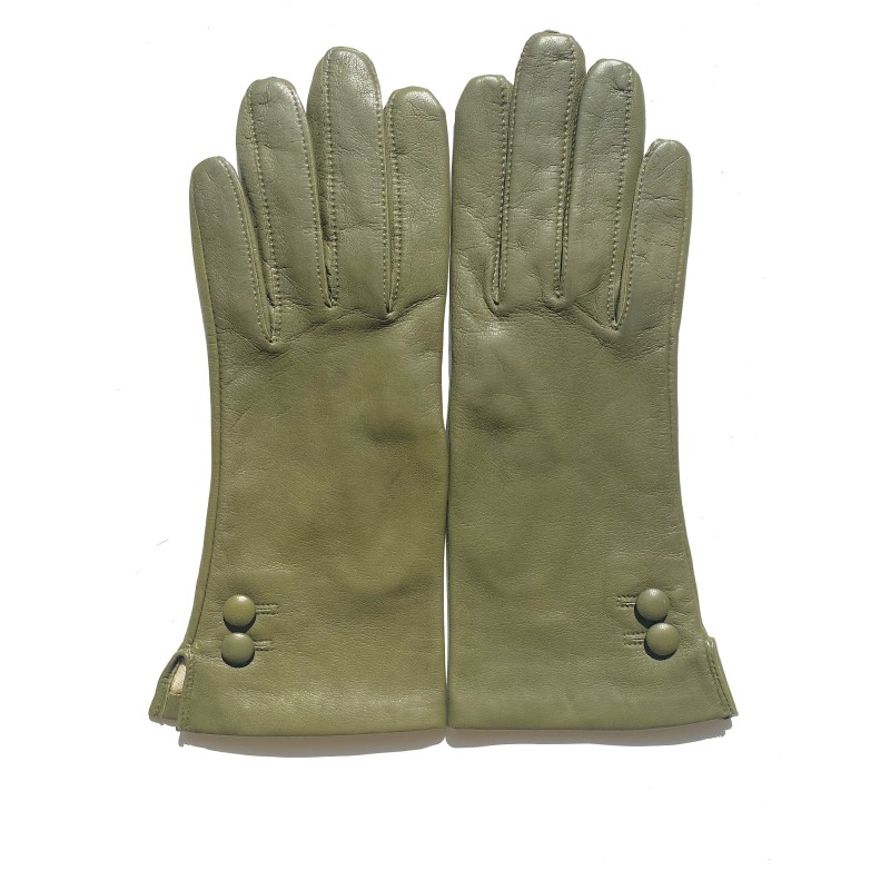 Gants en Cuir d'Agneau Kaki Clémentine Doublés Soie.