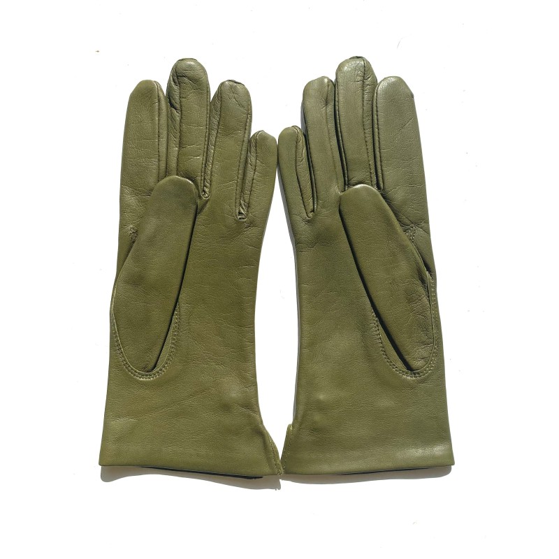 Gants en Cuir d'Agneau Kaki Clémentine Doublés Soie.