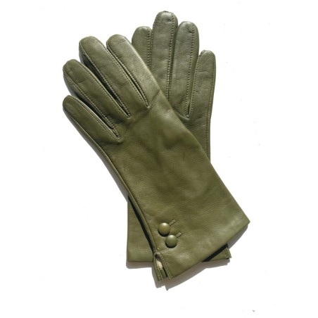 Gants en Cuir d'Agneau Kaki Clémentine Doublés Soie.