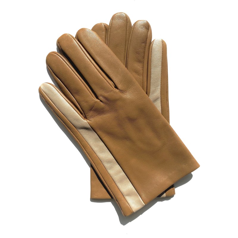 Gants en Cuir d'Agneau Biscuit Mastic Aki Doublés Soie.