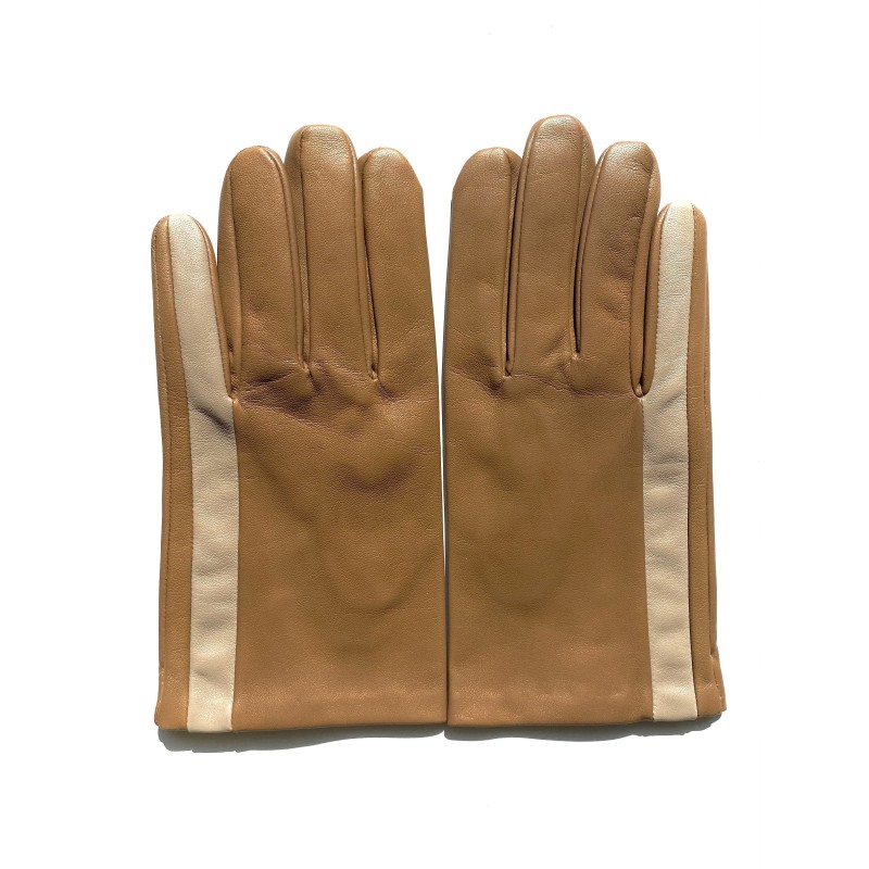 Gants en Cuir d'Agneau Biscuit Mastic Aki Doublés Soie.