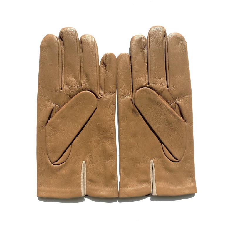 Gants en Cuir d'Agneau Biscuit Mastic Aki Doublés Soie.