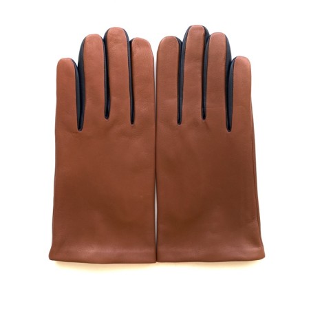Gants en Cuir d'Agneau Cognac Marine Twin H Doublés soie.