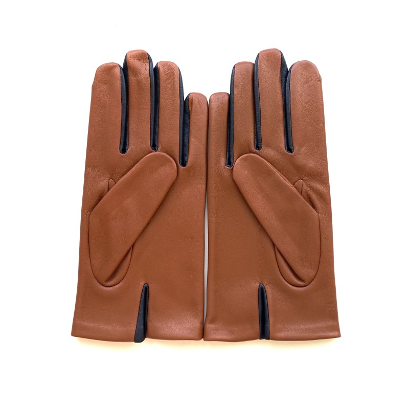 Gants en Cuir d'Agneau Cognac Marine Twin H Doublés soie.