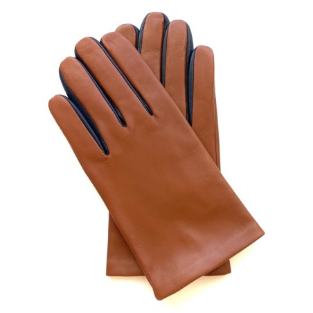 Gants en Cuir d'Agneau Cognac Marine Twin H Doublés soie.