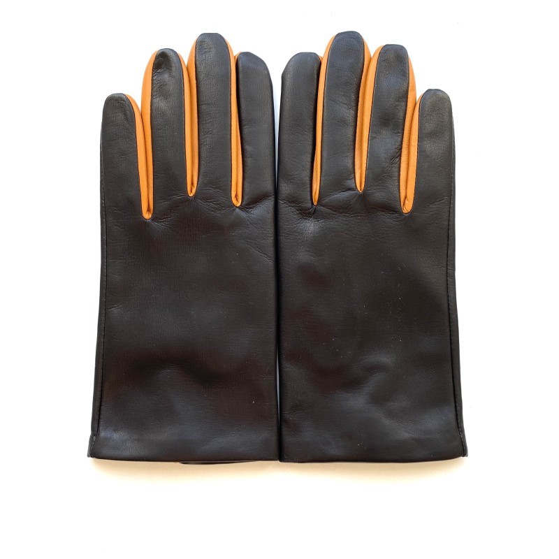 Gants en Cuir d'Agneau Noir Maïs Twin H Doublés soie