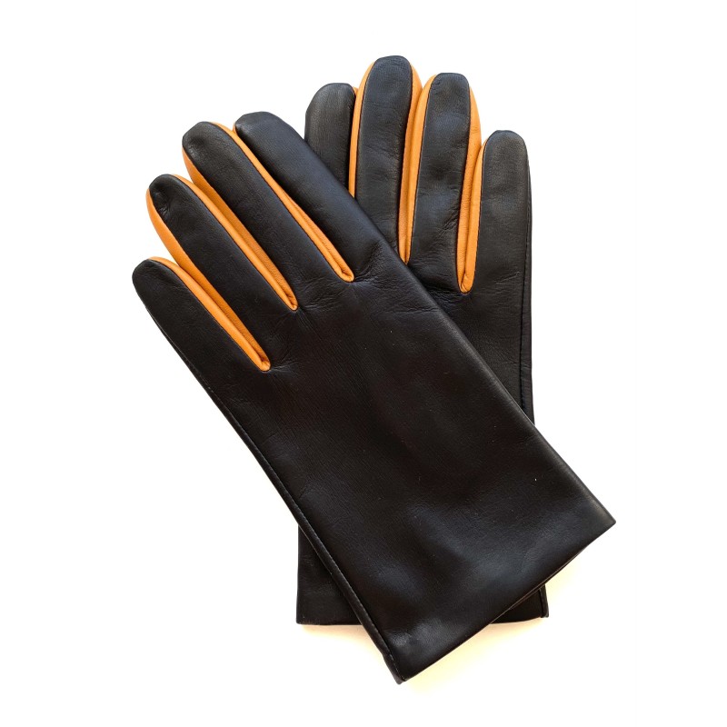 Gants en Cuir d'Agneau Noir Maïs Twin H Doublés soie