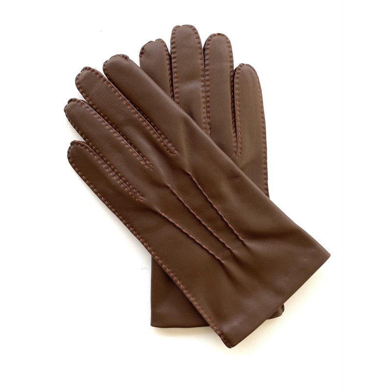 Gants en Cuir d'Agneau Havane Orange Pierre Doublure en Soie.
