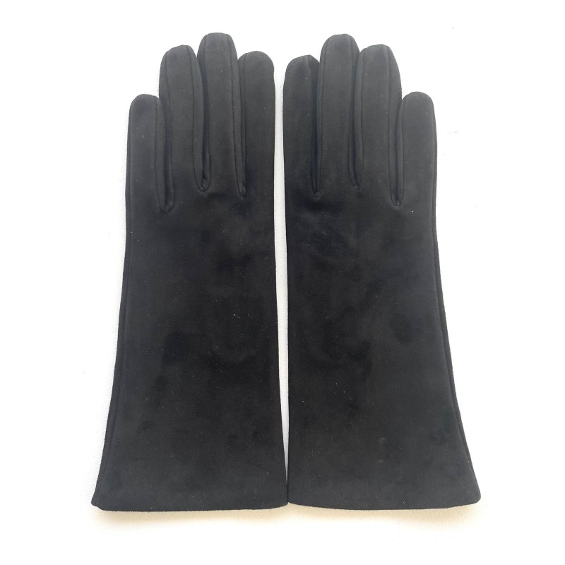 Gant en Cuir Chèvre Velours Noir Coline Bis Doublés Soie.