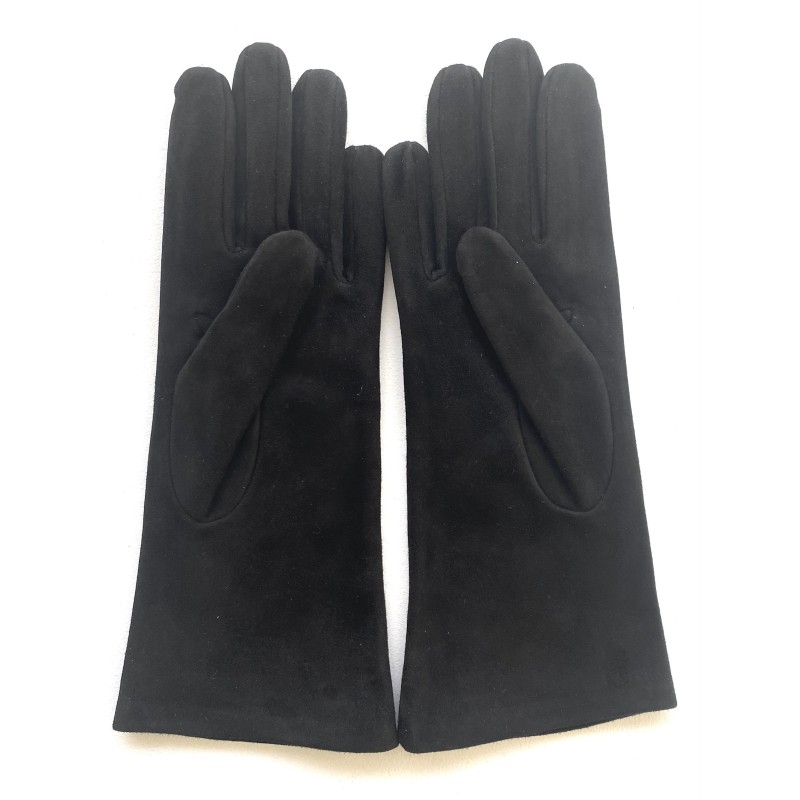 Gant en Cuir Chèvre Velours Noir Coline Bis Doublés Soie.