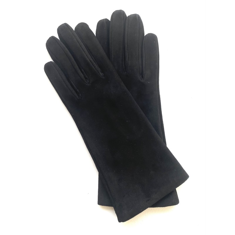 Gant en Cuir Chèvre Velours Noir Coline Bis Doublés Soie.