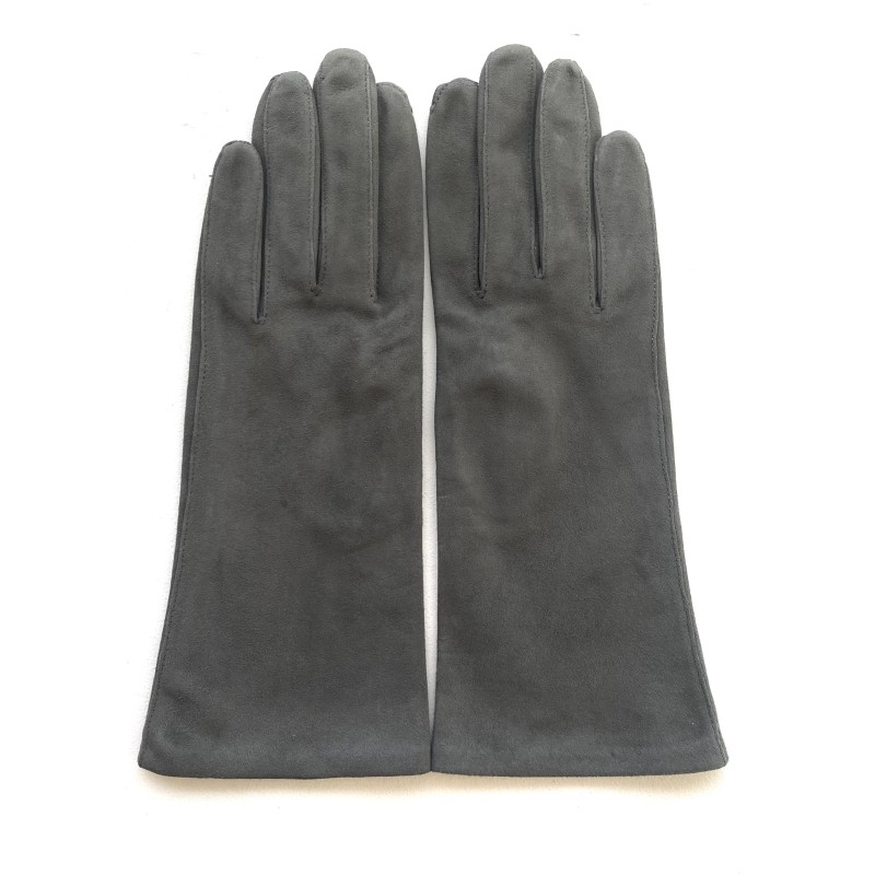 Gant en Cuir Chèvre Velours Gris Coline Bis Doublés Soie.