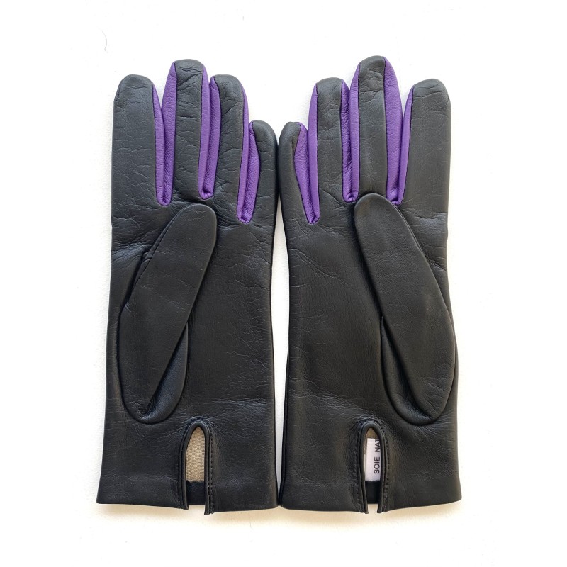 Gants en Cuir d'Agneau Noir Améthyste Carla Doublés Soie.