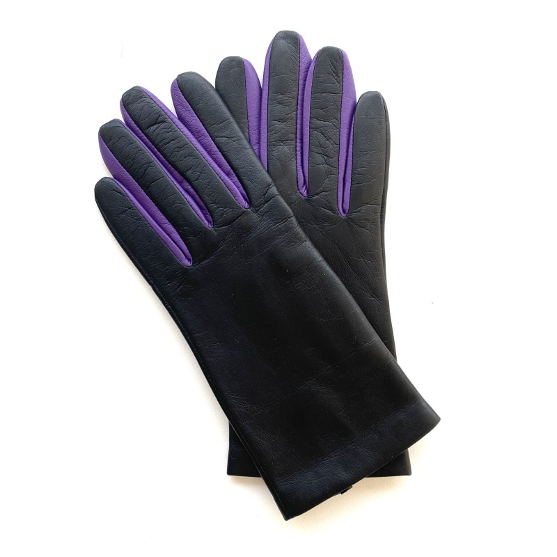 Gants en Cuir d'Agneau Noir Améthyste Carla Doublés Soie.