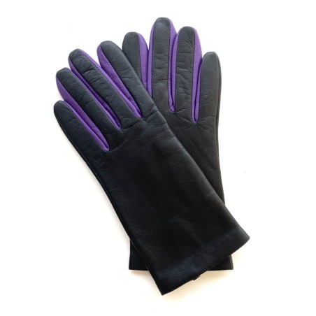 Gants en Cuir d'Agneau Noir Améthyste Carla Doublés Soie.