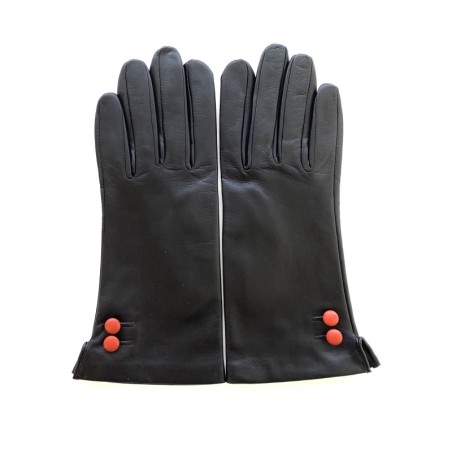 Gants en Cuir d'Agneau Noir Orange Clémentine Doublés Soie.