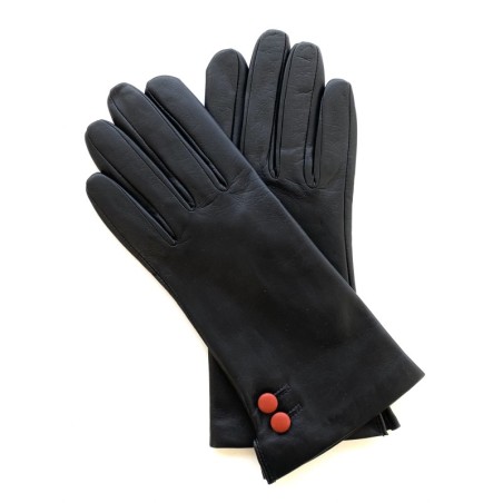 Gants en Cuir d'Agneau Noir Orange Clémentine Doublés Soie.