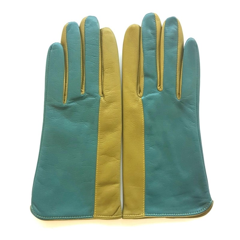 Gants en Cuir d'Agneau Vert Luciole Biface Doublés Soie.