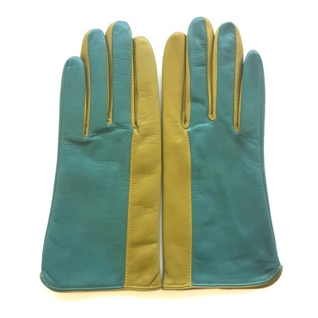 Gants en Cuir d'Agneau Vert Luciole Biface Doublés Soie.