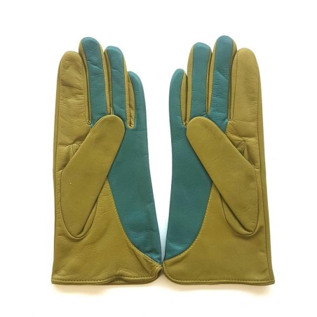 Gants en Cuir d'Agneau Vert Luciole Biface Doublés Soie.