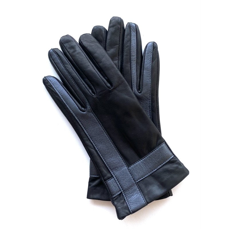Gants Cuir d'Agneau Noir Metallic Géométria Doublés soie.