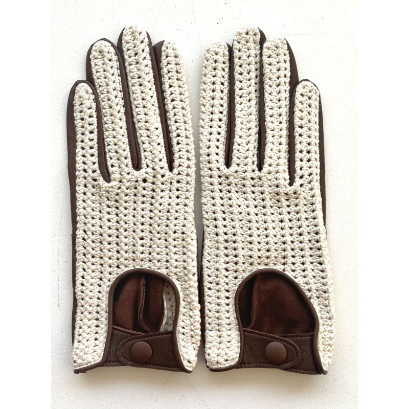 Gants en Cuir et Crochet Coton Havane Constance Non Doublés.