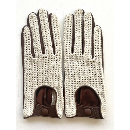 Gants en Cuir et Crochet Coton Havane Constance Non Doublés.
