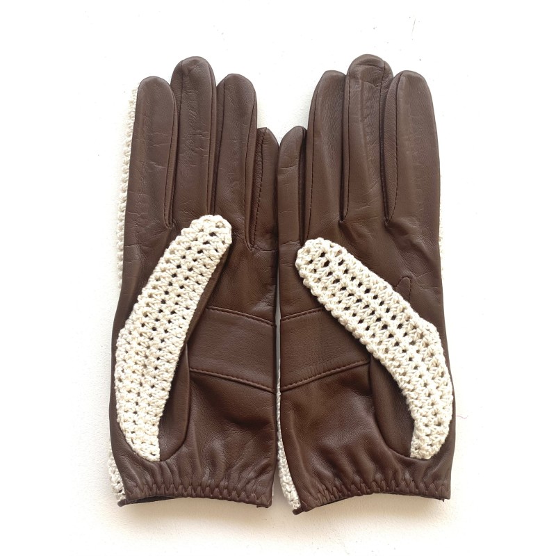 Gants en Cuir et Crochet Coton Havane Constance Non Doublés.