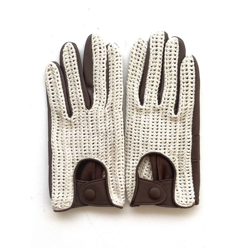 Gants en Cuir d'Agneau Crochet Coton Havane Beige Augustin Non doublés