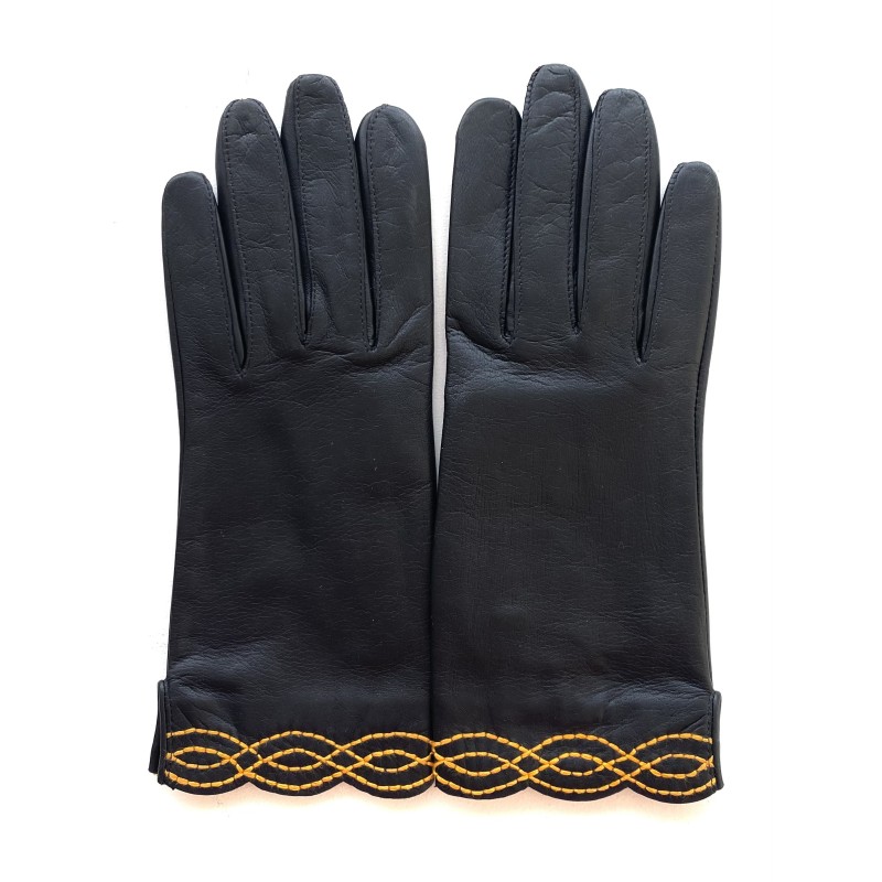 Gants en Cuir d'Agneau Noir Maïs Emilia Doublés Soie.
