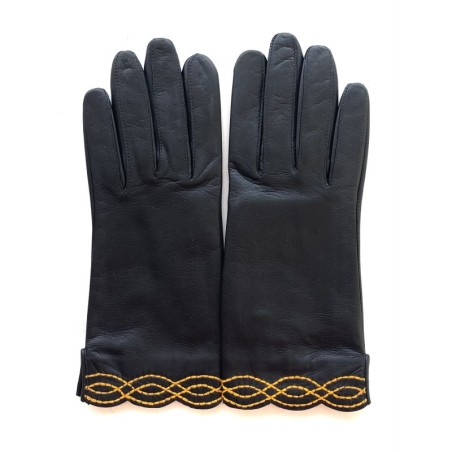 Gants en Cuir d'Agneau Noir Maïs Emilia Doublés Soie.