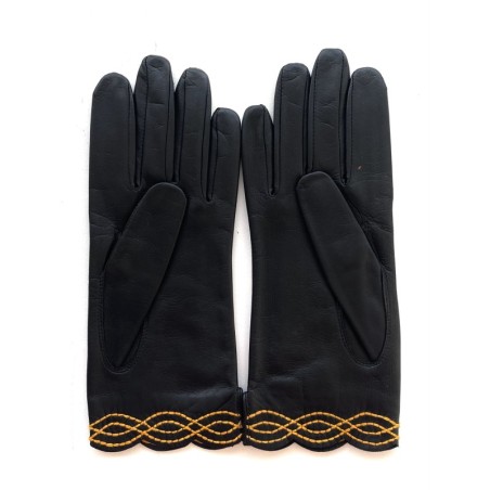 Gants en Cuir d'Agneau Noir Maïs Emilia Doublés Soie.