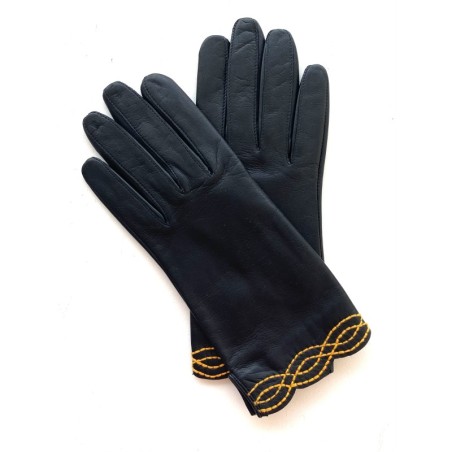 Gants en Cuir d'Agneau Noir Maïs Emilia Doublés Soie.