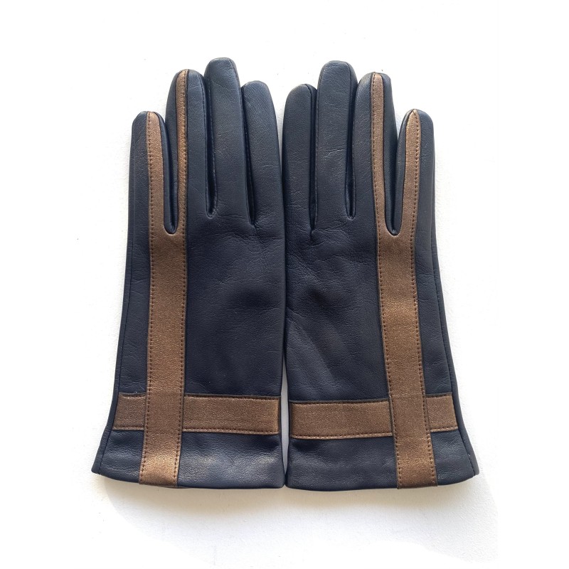 Gants Cuir d'Agneau Bleu Marine Bronze Géométria Doublés soie.