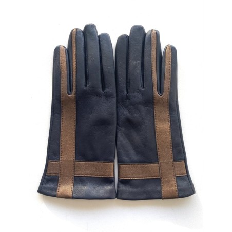 Gants Cuir d'Agneau Bleu Marine Bronze Géométria Doublés soie.