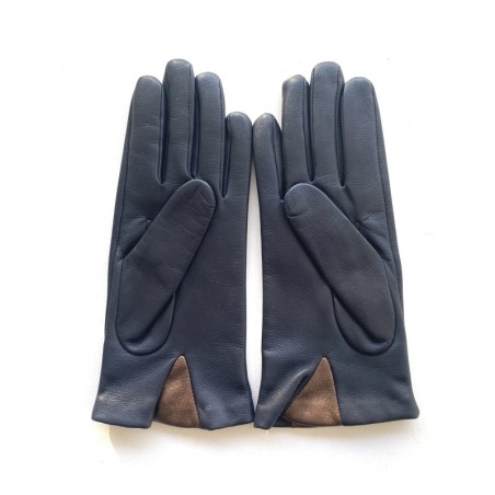 Gants Cuir d'Agneau Bleu Marine Bronze Géométria Doublés soie.