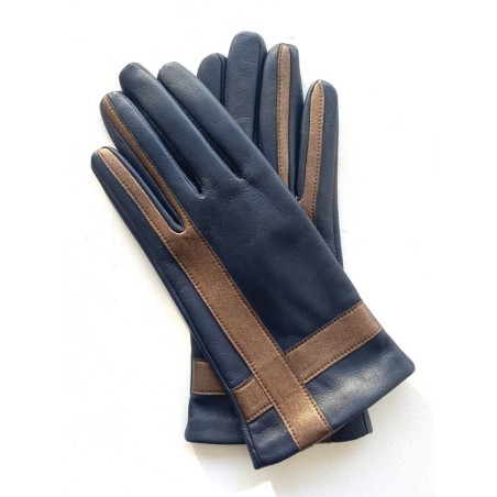 Gants Cuir d'Agneau Bleu Marine Bronze Géométria Doublés soie.