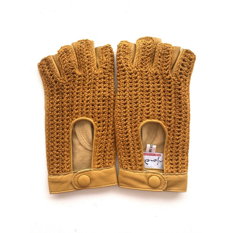 Mitaines en Cuir d'Agneau et Crochet Coton Cork Michèle Non Doublées.