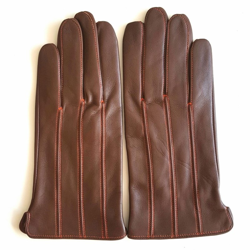 Gants en Cuir d'Agneau Marron Orange Georges Doublés Soie.