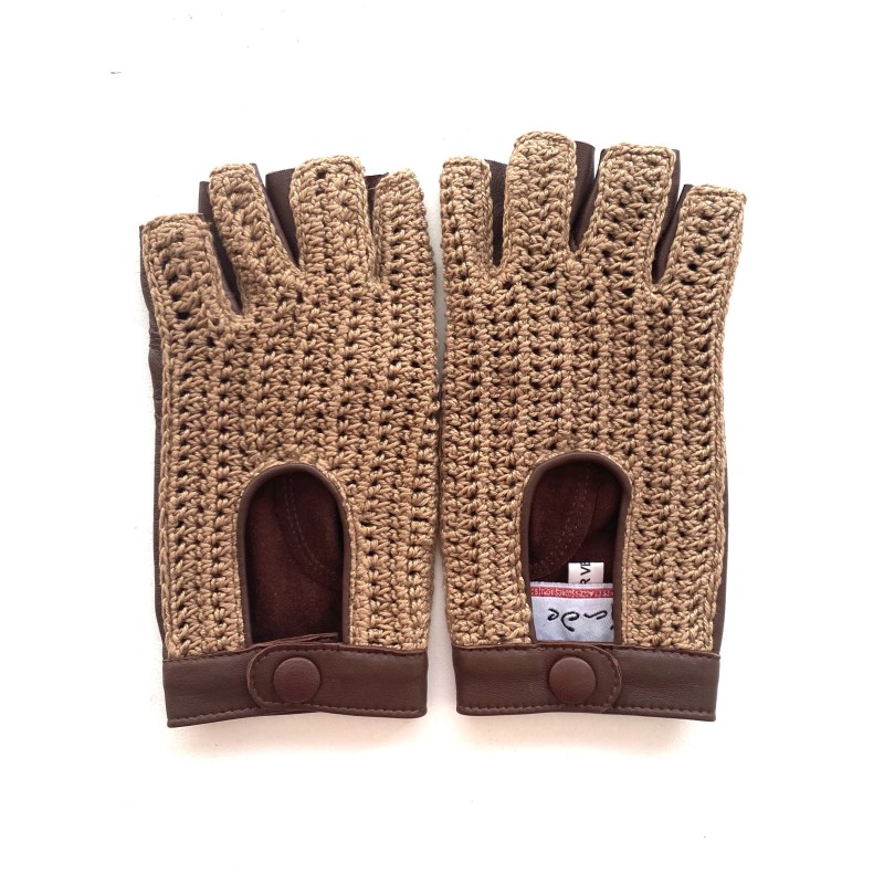 Mitaines en Cuir d'Agneau et Crochet Coton Tan Biscuit Michèle Non Doublées.