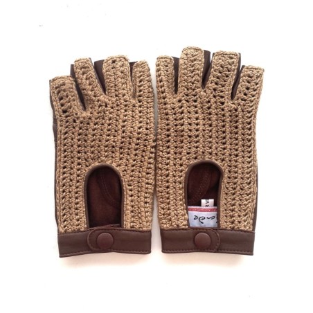 Mitaines en Cuir d'Agneau et Crochet Coton Tan Biscuit Michèle Non Doublées.