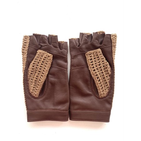 Mitaines en Cuir d'Agneau et Crochet Coton Tan Biscuit Michèle Non Doublées.