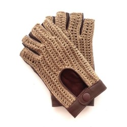 Mitaines en Cuir d'Agneau et Crochet Coton Tan Biscuit Michèle Non Doublées.