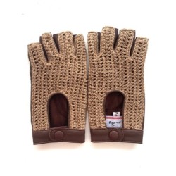 Mitaines en Cuir d'Agneau et Crochet Coton Tan Biscuit Michèle Non Doublées.